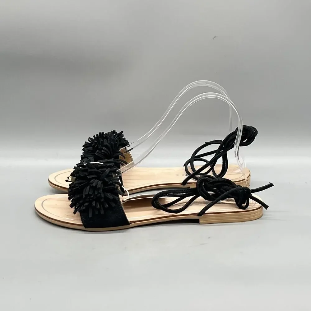 Mariella Sandals Womens 8.5 Black Suede Fringe Lace Up Flats Casual Comfort